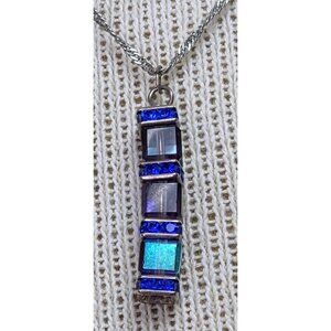 Blue Saphire Spectrum Square Stone Pendant Necklace 16 Inch .925 Sterling Silver